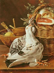 Still Life with Pigeons, Wicker Basket, Ham, Onions and a Lemon